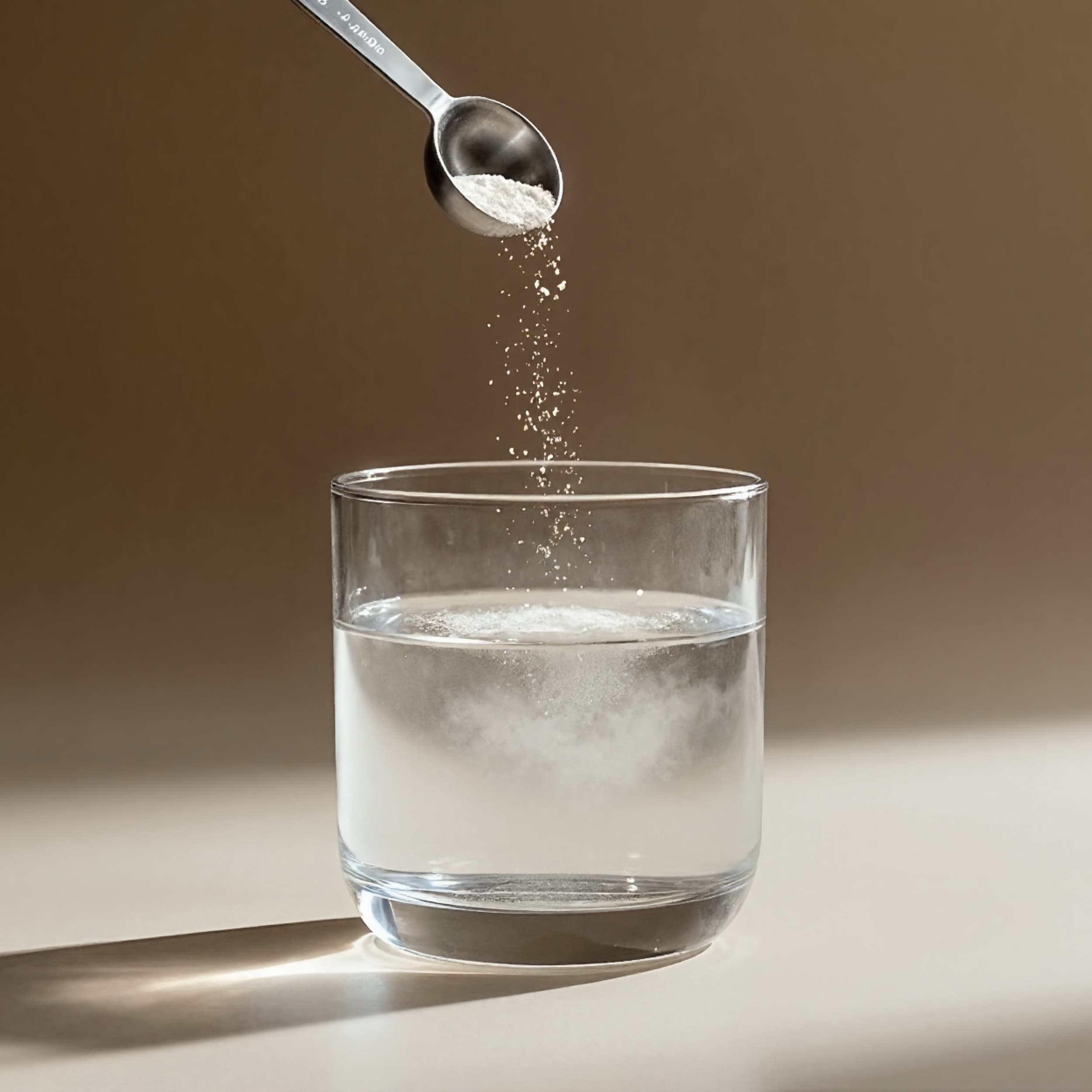 A spoonful of powder being put into a glass of water